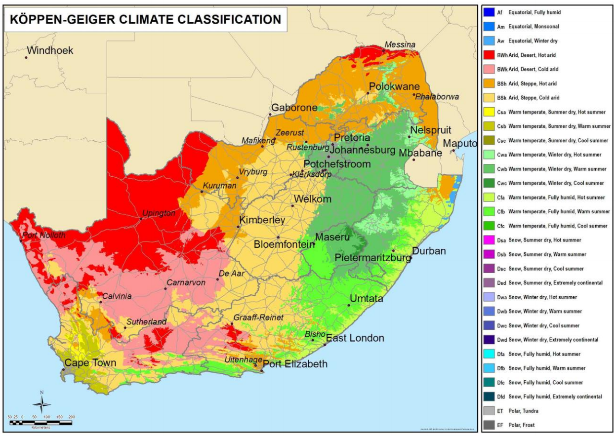 Map showing South African climatic diversity for filming